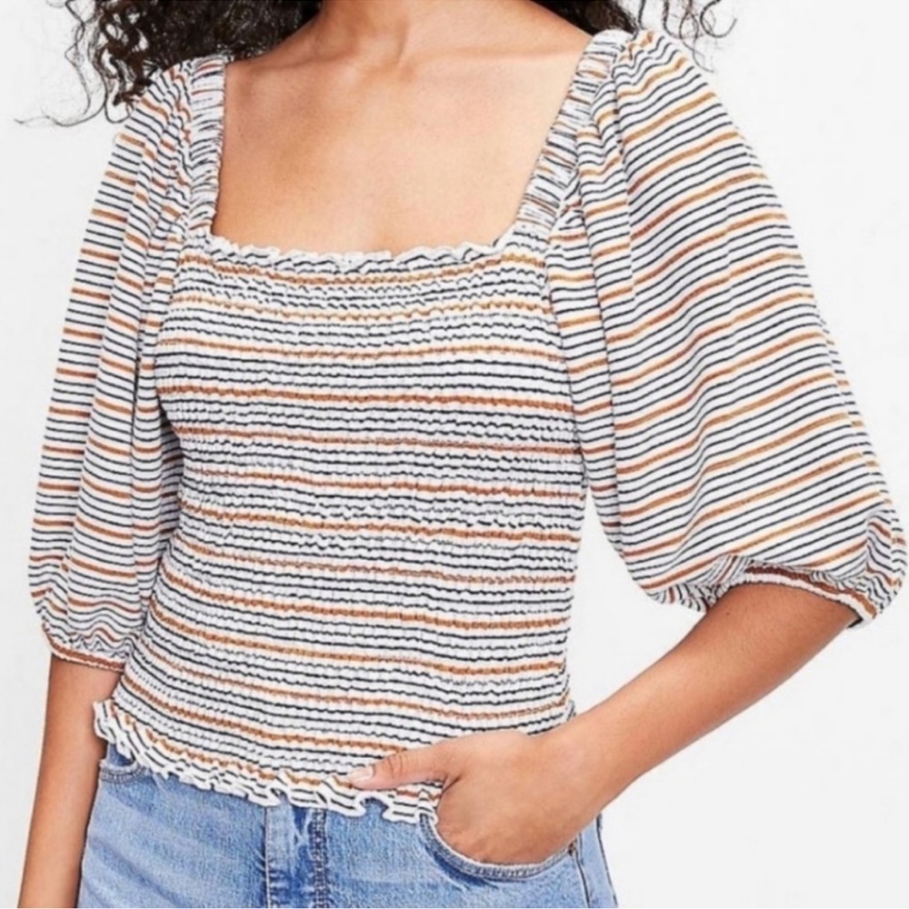 LOFT Multicolor Striped Puff Sleeve Blouse